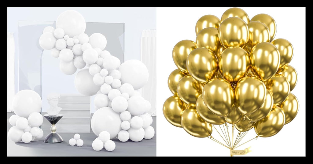PartyWoo White Balloons - 140 Pcs in 5-18 Inch Sizes & 50 Gold Balloons for Weddings, Showers & Parties
