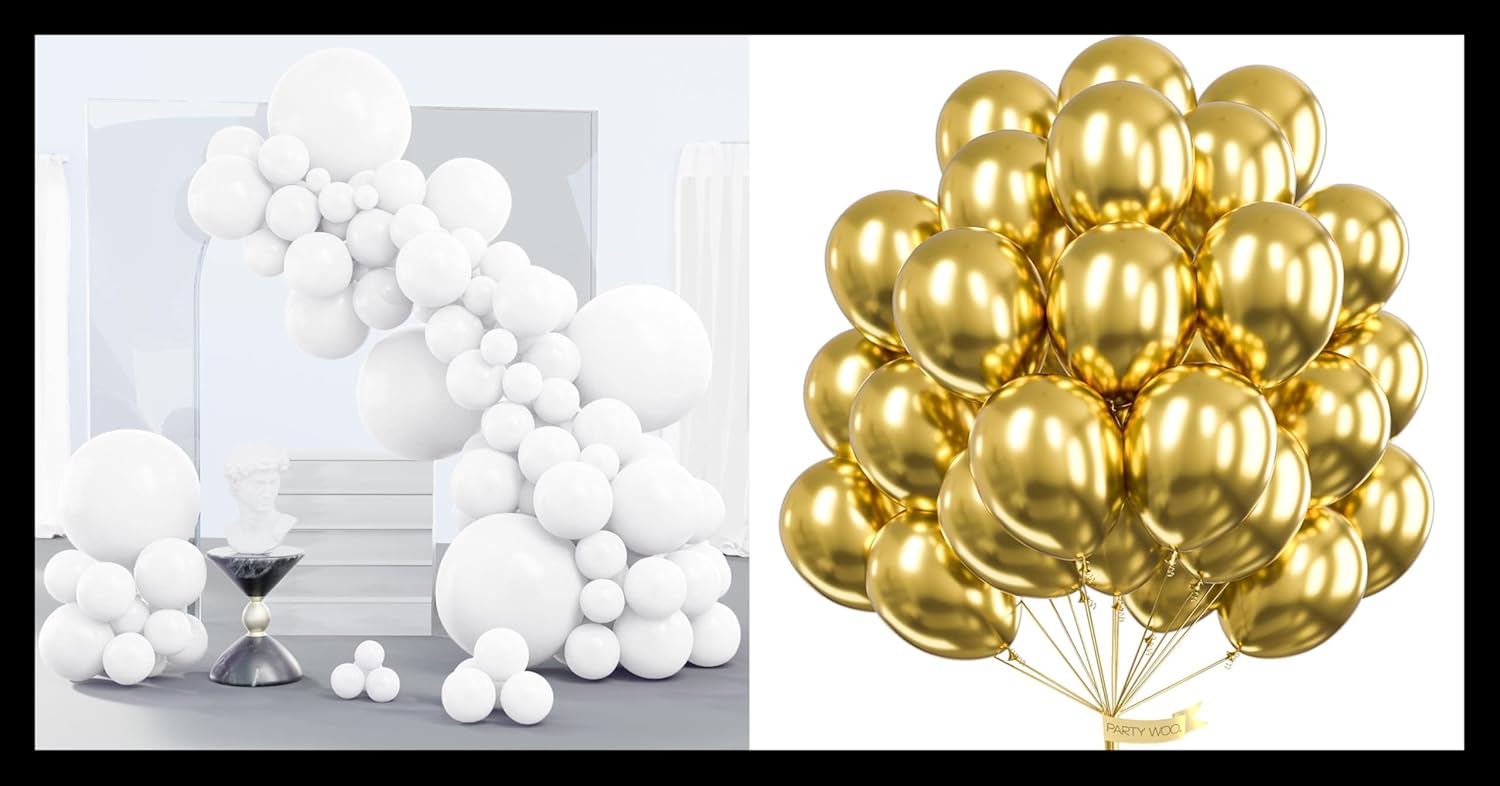 PartyWoo White Balloons - 140 Pcs in 5-18 Inch Sizes & 50 Gold Balloons for Weddings, Showers & Parties