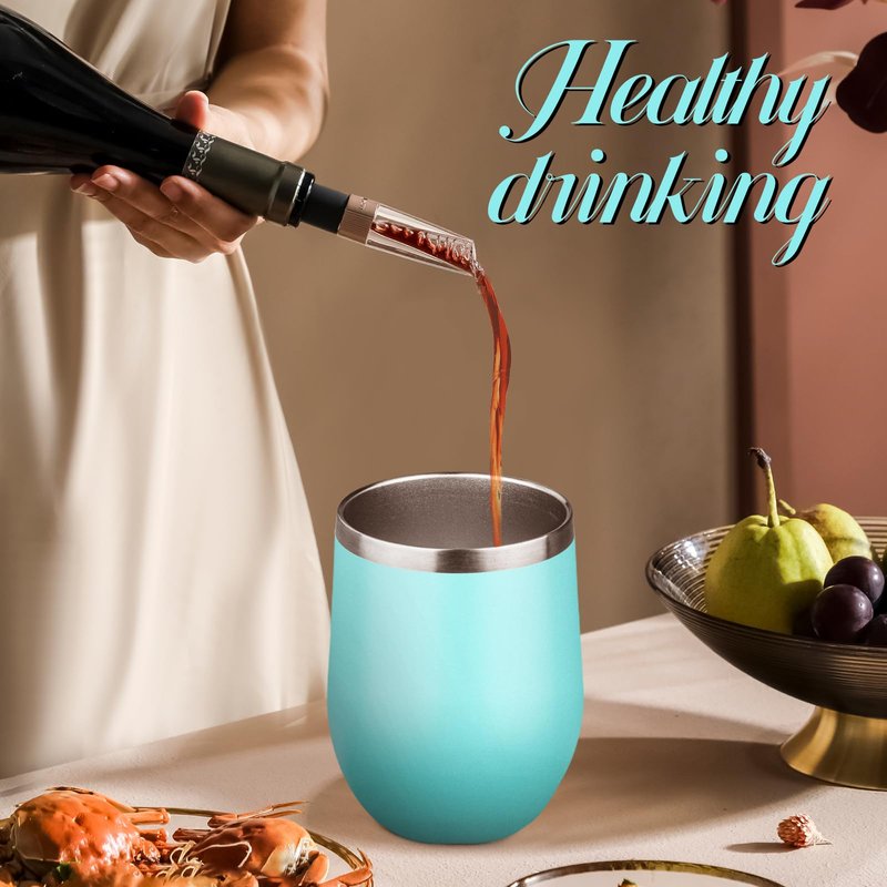 12oz Stemless Wine Tumbler with Lid Double Wall Insulated Wine Cup Stainless Steel Glasses Tumbler with Straw Insulated Cocktail Tumbler Coffee Mug for Hot and Cold Beverages (Multicolor-4, 4 Pack)