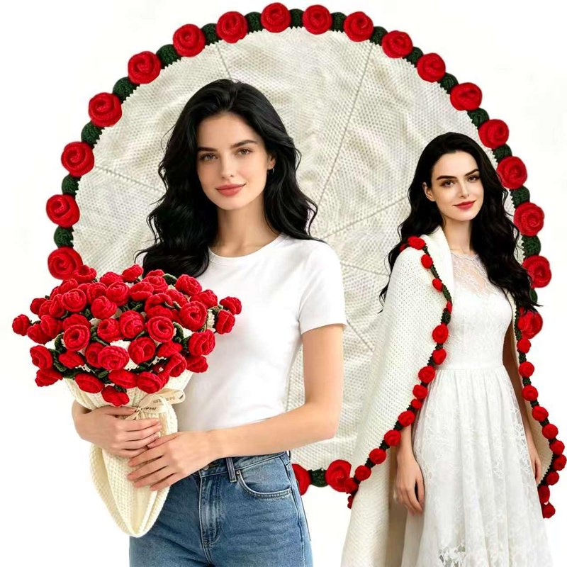 Handmade Crochet Flower Bouquet Blanket - 43.31" Soft Lightweight Round Throw, Romantic Knitted Home Decor, Great Gift for Women, Birthday, Valentine's Day, Christmas
