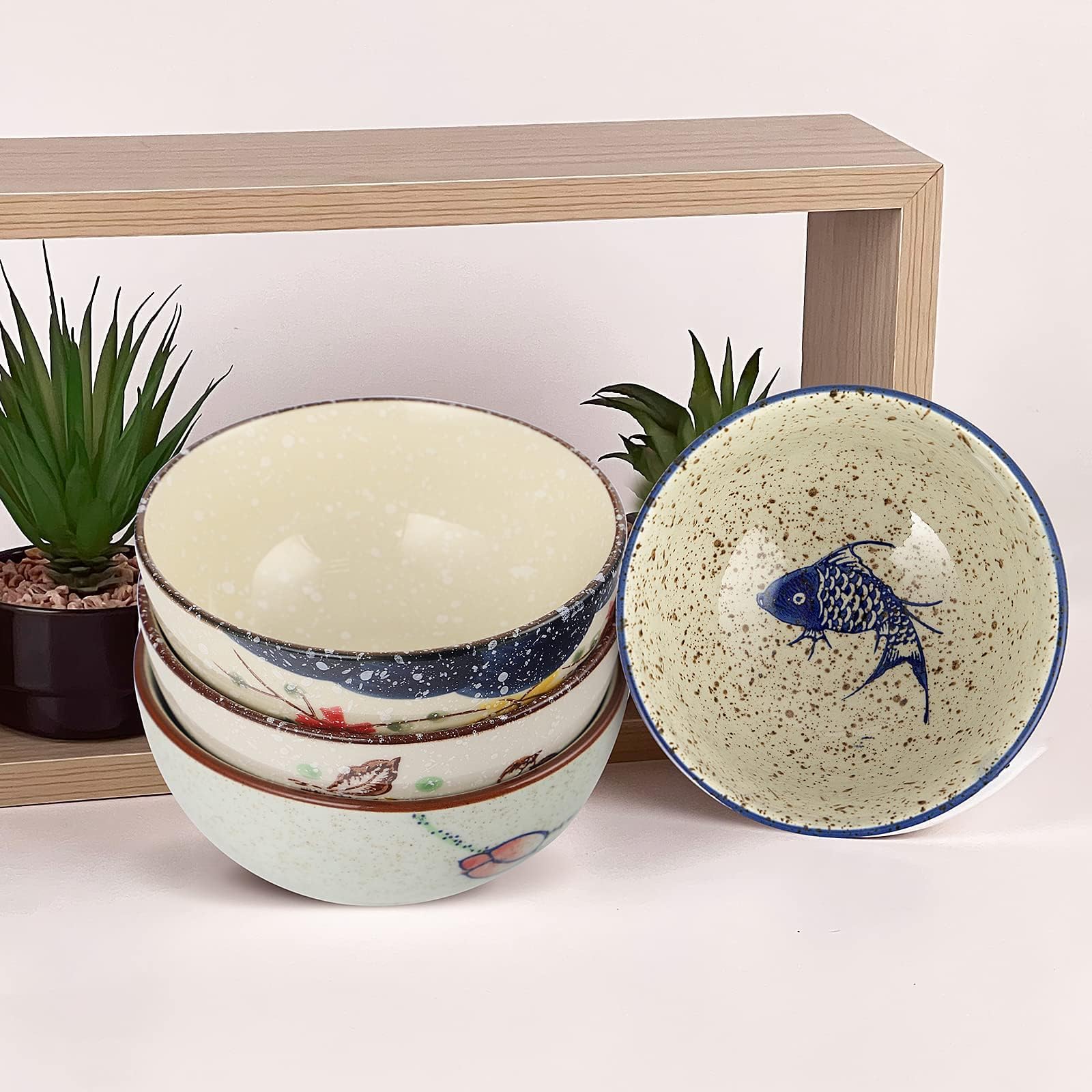 clothmile 4.5 Inch Japanese Retro Rice Bowls Set of 6 Japanese Style Hand-Painted Floral Plum Ceramic Bowls for Cereal, Soup, Dessert, Snack, Fruit, Salsa for Xmas Holiday Present