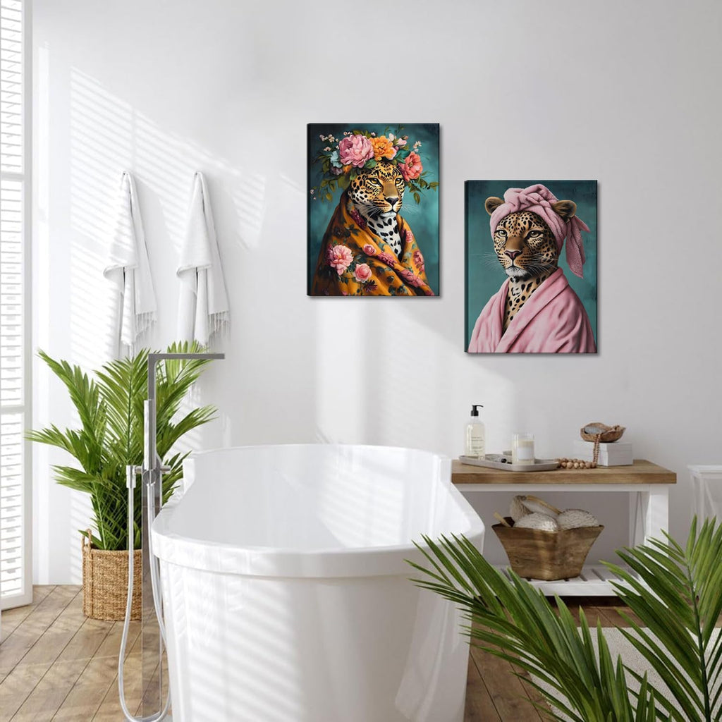 Regine Switzerland Funny Leopard Bathroom Wall Art Set - Eclectic Animal Canvas Prints | 12x16 Inch Framed Decor
