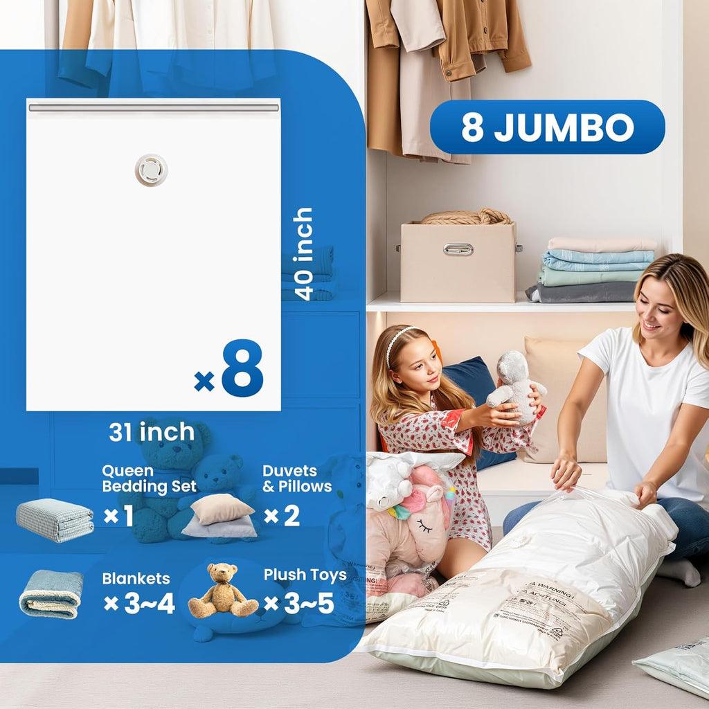 TAILI Jumbo Vacuum Storage Bags - 8 Pack Space Saver for Comforters & Blankets | 40x31 Inch