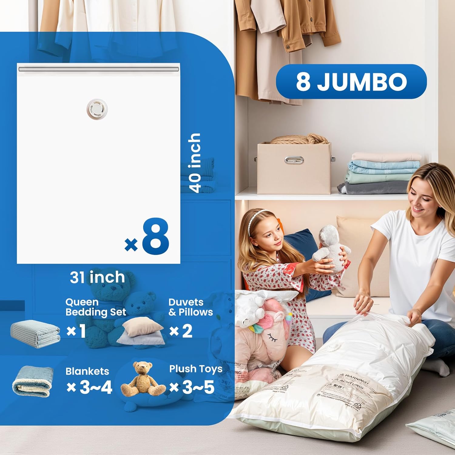 TAILI Jumbo Vacuum Storage Bags - 8 Pack Space Saver for Comforters & Blankets | 40x31 Inch