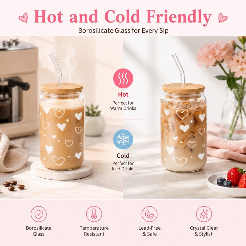 DAMCONME Glass Cups with Lids and Straws, 2 Pack Heart Glass Cups, 16 oz Borosilicate Iced Coffee Cups, Matching Drinkware for Best Friends, Couples, Birthday and Anniversary
