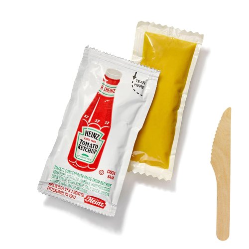 Concession Essentials Ketchup and Mustard Packets, 200 Count, 100 Each Flavor, 0.2-0.3 Oz with 5 Wooden Spreaders