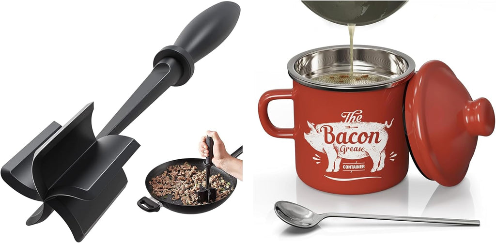 Skiennix Black Meat Chopper - 15oz Mini Red Bacon Grease Container for Easy Cooking Cleanup