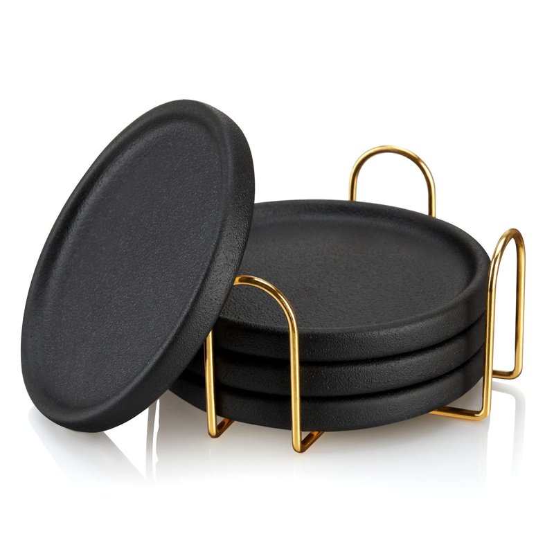 Viski Earthenware Coasters Set of 4 - Ceramic Drink Coasters - Outdoor Coasters for Drinks - Unique Coasters with Gold Stand Black