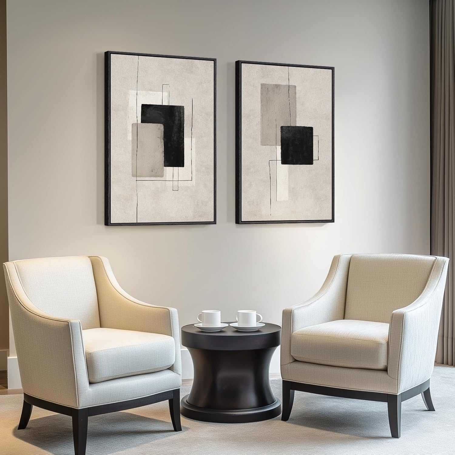 Skiennix Large Framed Neutral Abstract Wall Art - Set of 2 Black & Beige Canvas Prints | 24x36 In Minimalist Decor