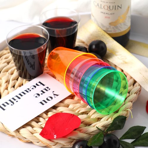 QIANQUEYUE 250 Pack 2oz Disposable Hard Plastic Cups Shot Glasses, Jello Cups, Iridescent Neon Birthday Christmas Party Supplies