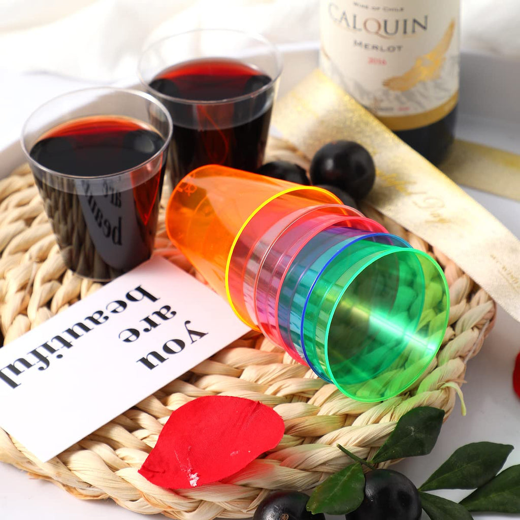 QIANQUEYUE 250 Pack 2oz Disposable Hard Plastic Cups Shot Glasses, Jello Cups, Iridescent Neon Birthday Christmas Party Supplies
