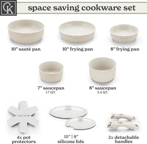 Country Kitchen Cookware Set - Removable Handle, Oven & RV Safe Pots and Pans, Cream Color