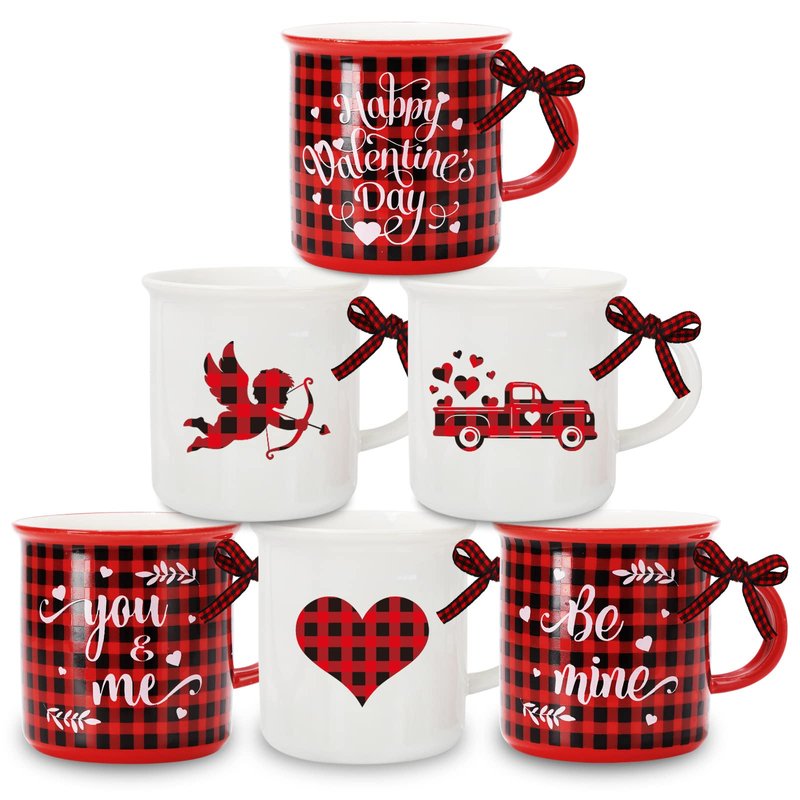 Whaline 6Pcs Valentine Mini Coffee Mug with Ribbon Red Black Plaid Heart Truck Cupid Tiered Tray Decor for Anniversary Wedding Gift