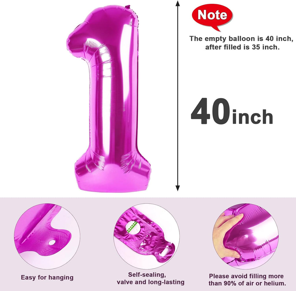 Skiennix Number Balloons - 40 Inch Rose Purple Balloon for 1st Birthday Party Decorations