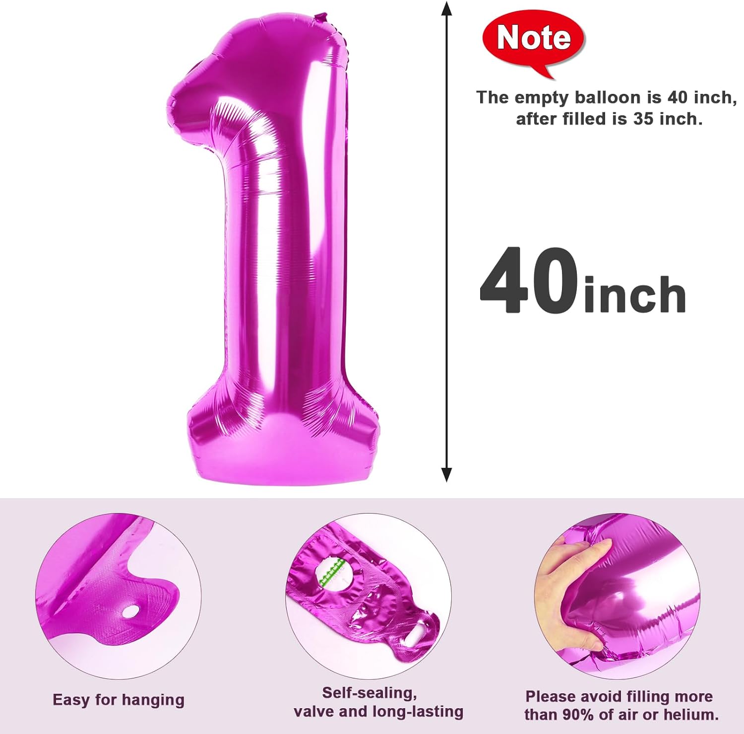 Skiennix Number Balloons - 40 Inch Rose Purple Balloon for 1st Birthday Party Decorations