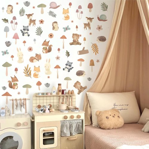 Woodland Animals Wall Stickers Small Mushroom Wall Stickers Cute Cartoon Animals Wall Decals Mushroom Forest Woodland Wall Decals for Kids Room Nursery Bedroom Playroom Decor