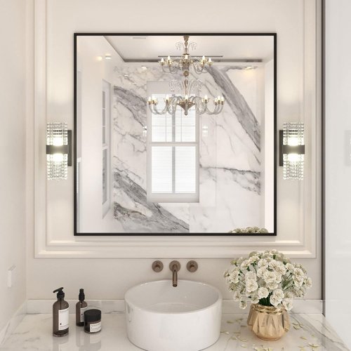 LOAAO Black Rectangle Bathroom Mirror - 36" x 36" Matte Aluminum Frame, Tempered Glass, Versatile Hanging Options