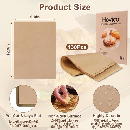 Hovico Parchment Paper Baking Sheets - 130 Precut Non-Stick 9x13 Inch Sheets for Air Frying, Grilling & More