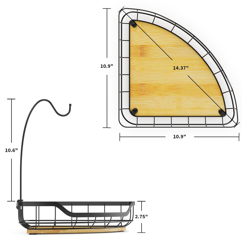 CACHOLIV Fruit Holder for Kitchen Countertop with Banana Hanger, Vegetable Basket with Bamboo Base for Kitchen Corner Storage, Black