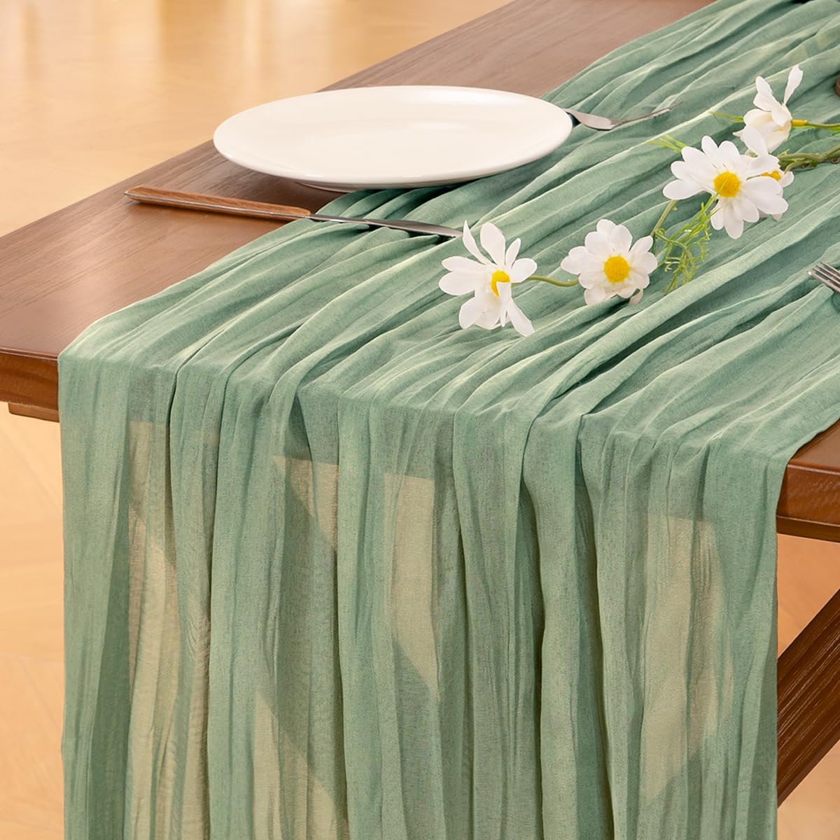 Socomi Cheesecloth Table Runner - 3pcs Sage Green Boho Rustic Design | 120 Inch for Weddings & Events