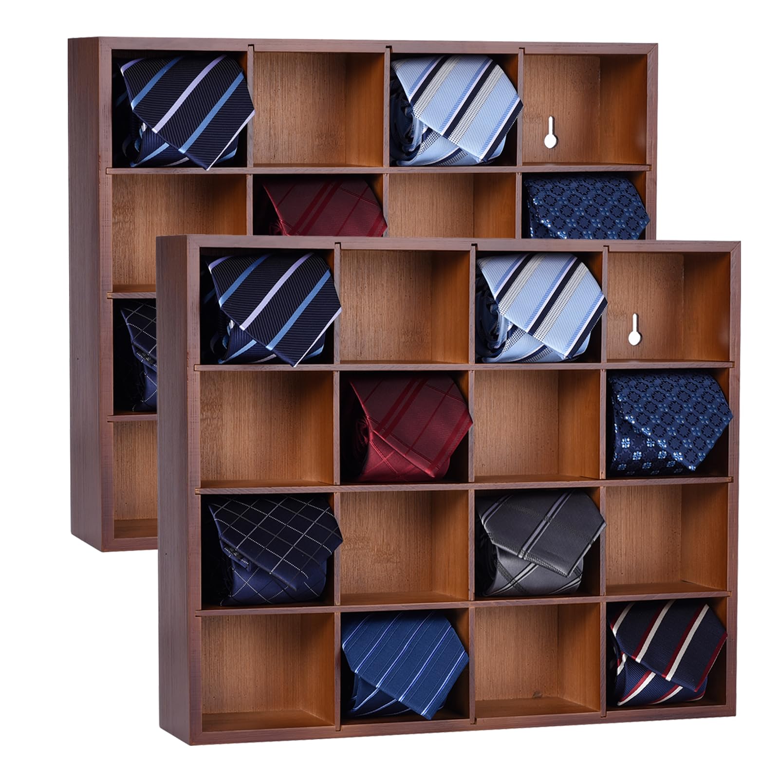 Ribgwo Tie Organizer Wall Mounted Tie Rack,Tie Box for Men,Tie Box Organizer with 16 Compartments，Tie Display Racks for Bedroom, Changing Room, Men Wardrobe(Brown,2 PCS)