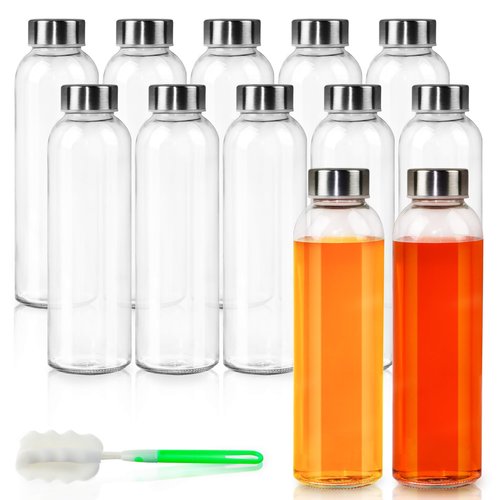 GUANENA 12 Pack Glass Water Bottles, 16oz Clear Glass Bottles with Stainless Steel Lids, Reusable Glass Drink Bottles with Caps for Juicing, Smoothies, Tea, Water, Beverages