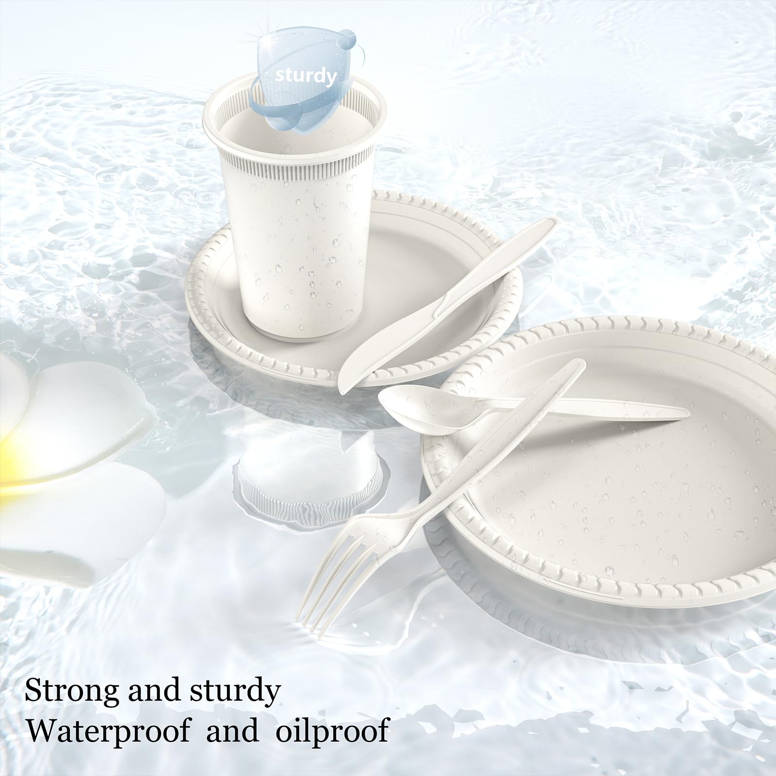 YONGZHUKANG Compostable Disposable Plates Set, 400pcs Compostable Plates and Utensils Disposable Dinnerware Set for Party, Natural Cornstarch Biodegradable Plates Cups Cutlery and Napkins Paper Straws