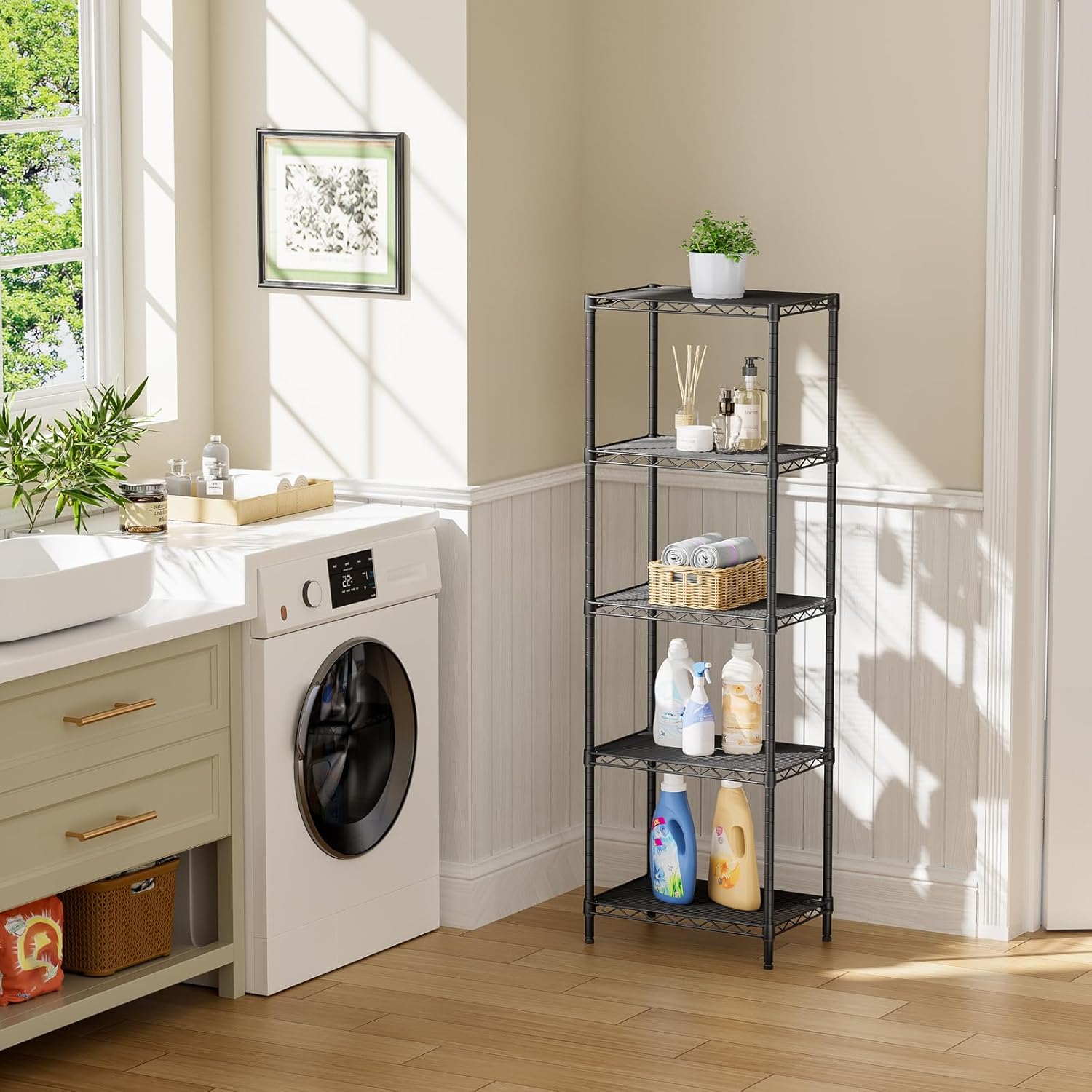 SINGAYE Metal Shelves - Adjustable Wire Shelving Unit for Kitchen, Laundry & Bathroom | 10"D x 16"W x 55"H, Black