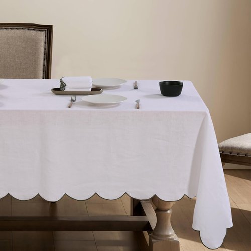 AORISSI 100% Pure Linen Scalloped Embroidery Rectangle Tablecloths 84Lx60W Inch for Dinners, Parties, Spring, Machine Washable, 6-8 Sets, White(Edges-Green)