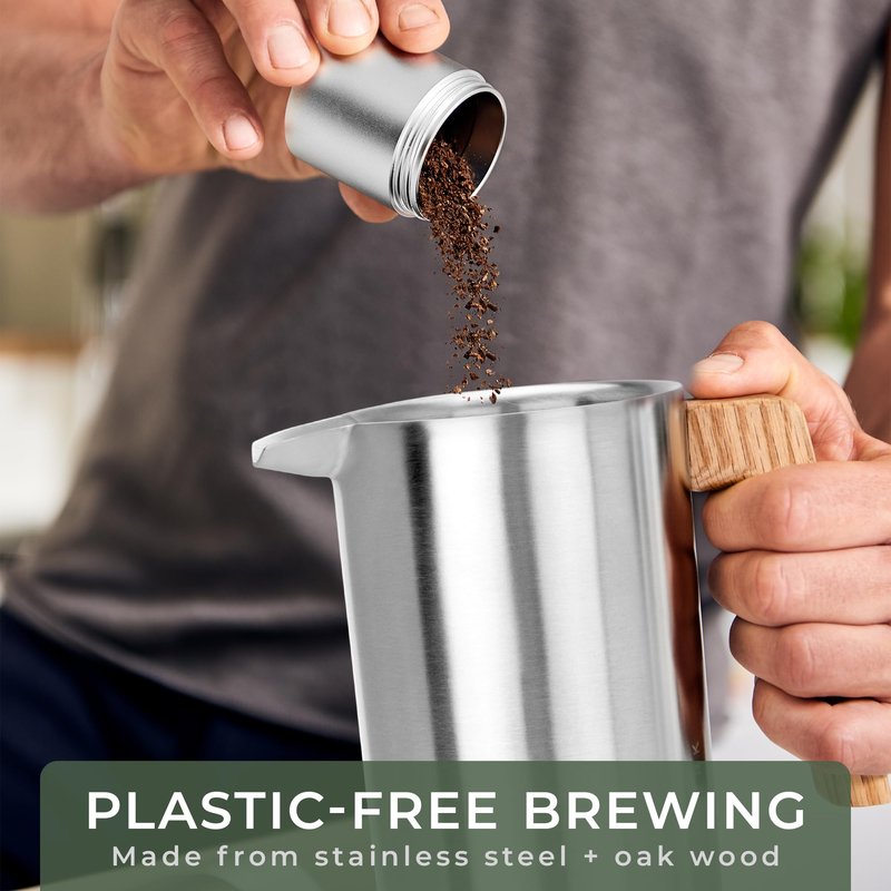WALDWERK French Press (34 oz) - Stainless Steel Double Wall French Press Coffee Maker - Plastic Free Coffee Press with Oak Wood Handle - Insulated Stainless Steel Coffee Maker