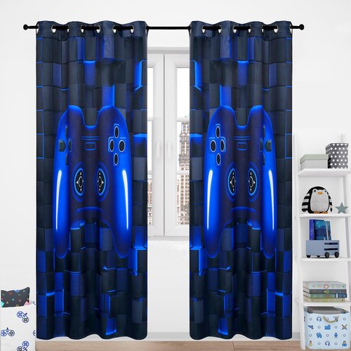 PERFEMET Gamer Kids Curtains for Bedroom 2 Panels-Black Blue Video Game Console Blackout Cutain for Boys Teen Living Room Home Decor 3D Cool Gaming Grommet Window Treatment Drapes(Blue, 42x63inch)
