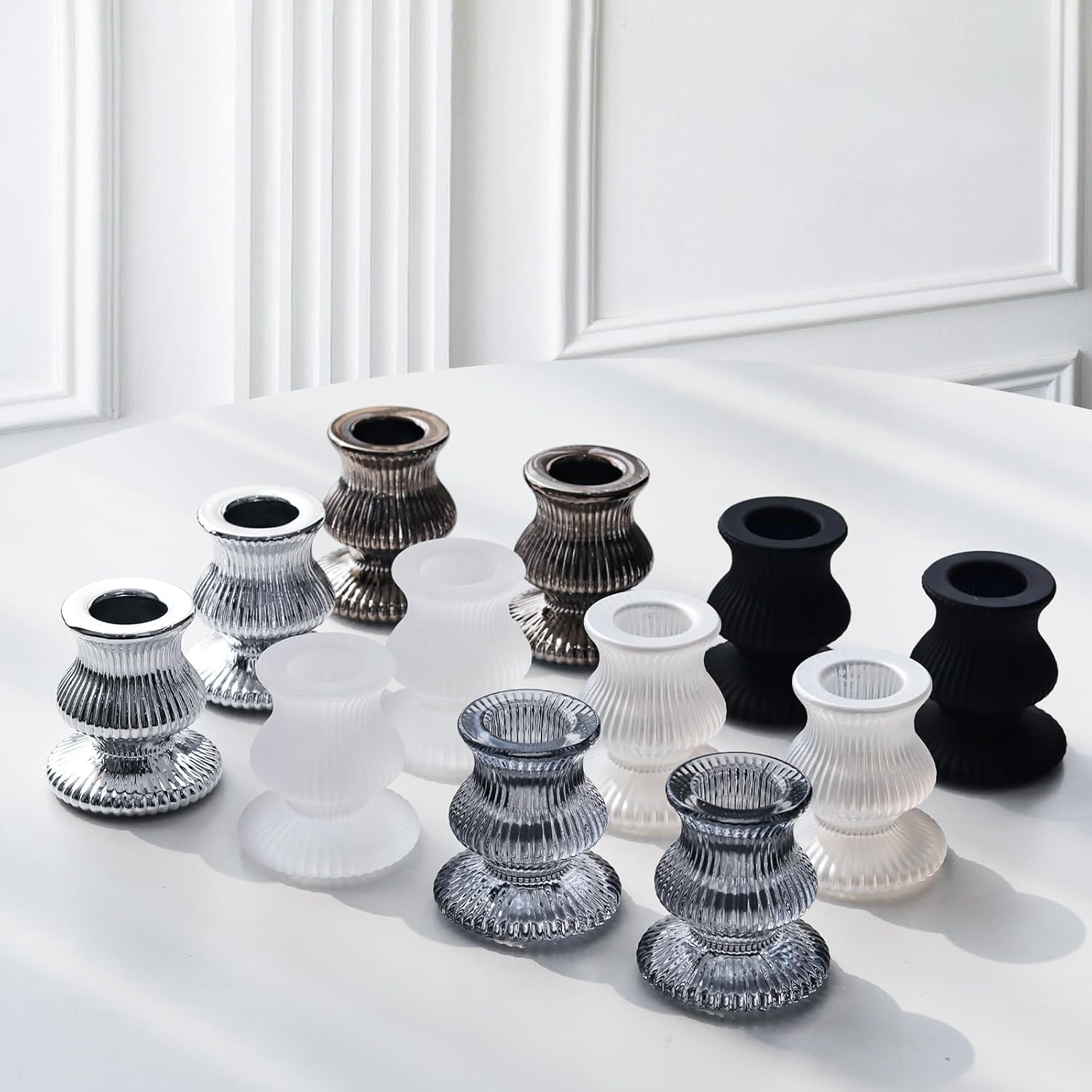 WDHODEC Black & White Candlestick Holders - 12PCS Glass Taper Holders for Elegant Table Centerpieces