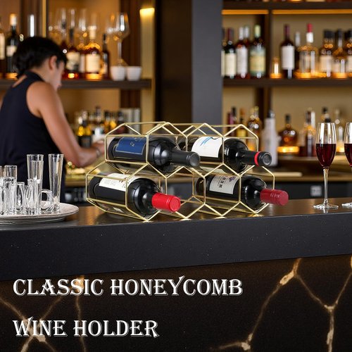 Buruis 9-Bottle Countertop Wine Rack, Honeycomb Metal Wine Holder for Red & White Wines, Standing Bottle Organizer for Home, Kitchen, or Bar, Gold