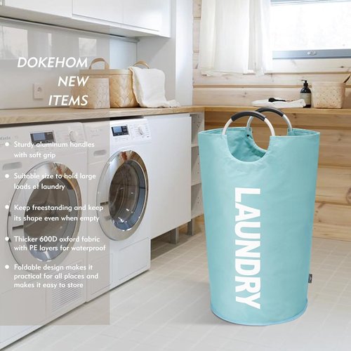 DOKEHOM Large 95L Laundry Basket - Collapsible & Freestanding Clothes Hamper | Light Blue