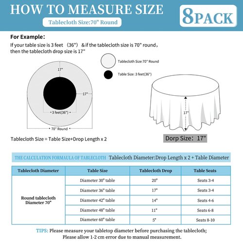 FXKS 8 Pack Ivory Round Tablecloth 70 Inch Circle Polyester Table Cloth, Washable Fabric Stain and Wrinkle Resistant Table Cover Round Tableclothes for Wedding Parties Banquet Reception Gift