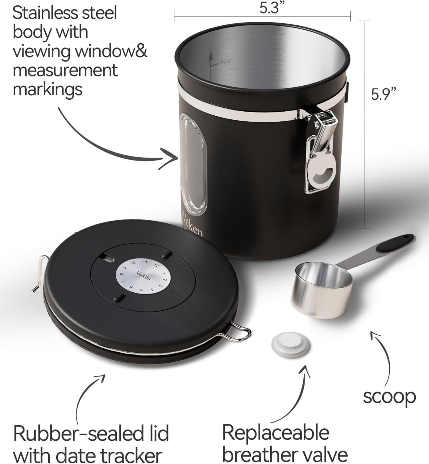 Veken Coffee Canister - Airtight Stainless Steel Storage Container with Window & Date Tracker | 16oz Black
