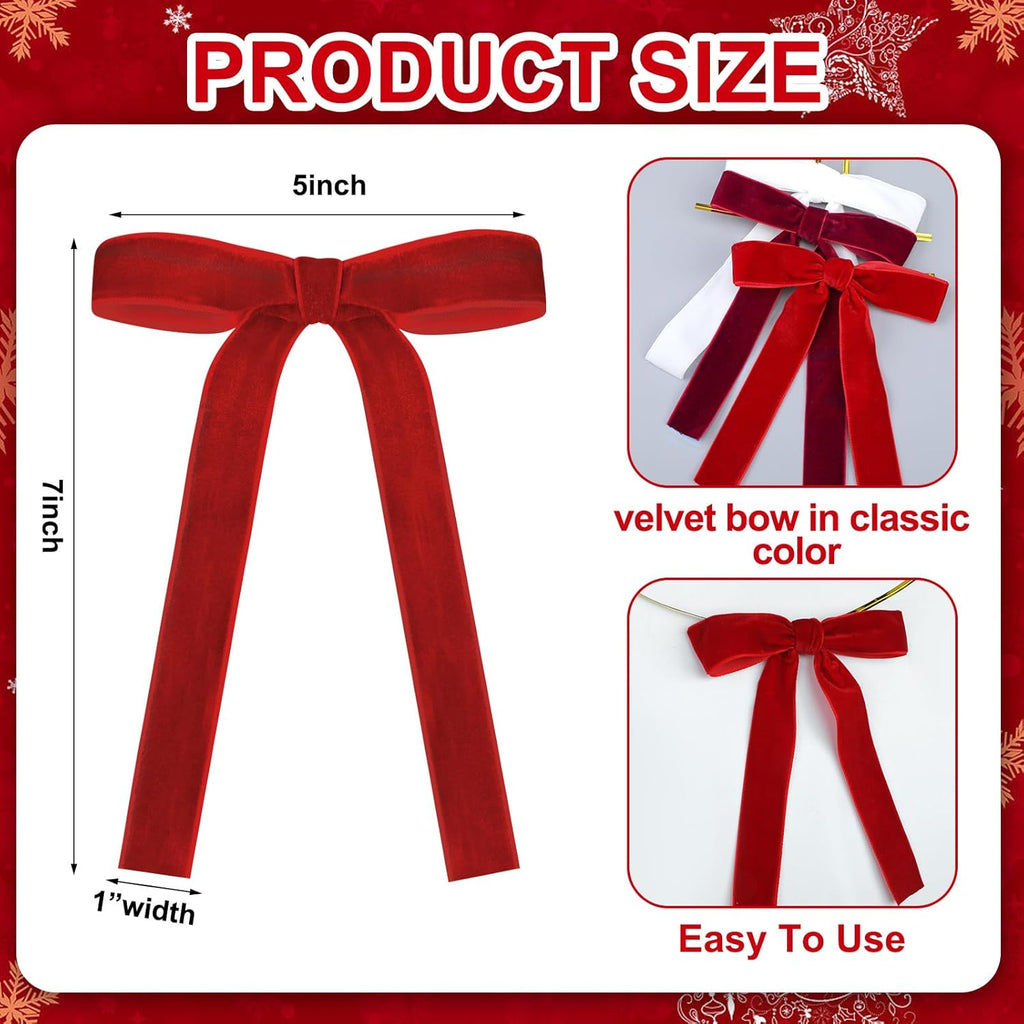 Skiennix 24 Pcs Velvet Bows - Vintage Ribbon Bows for Christmas Tree & Crafts | Red, Burgundy, White (5 x 7 Inch)