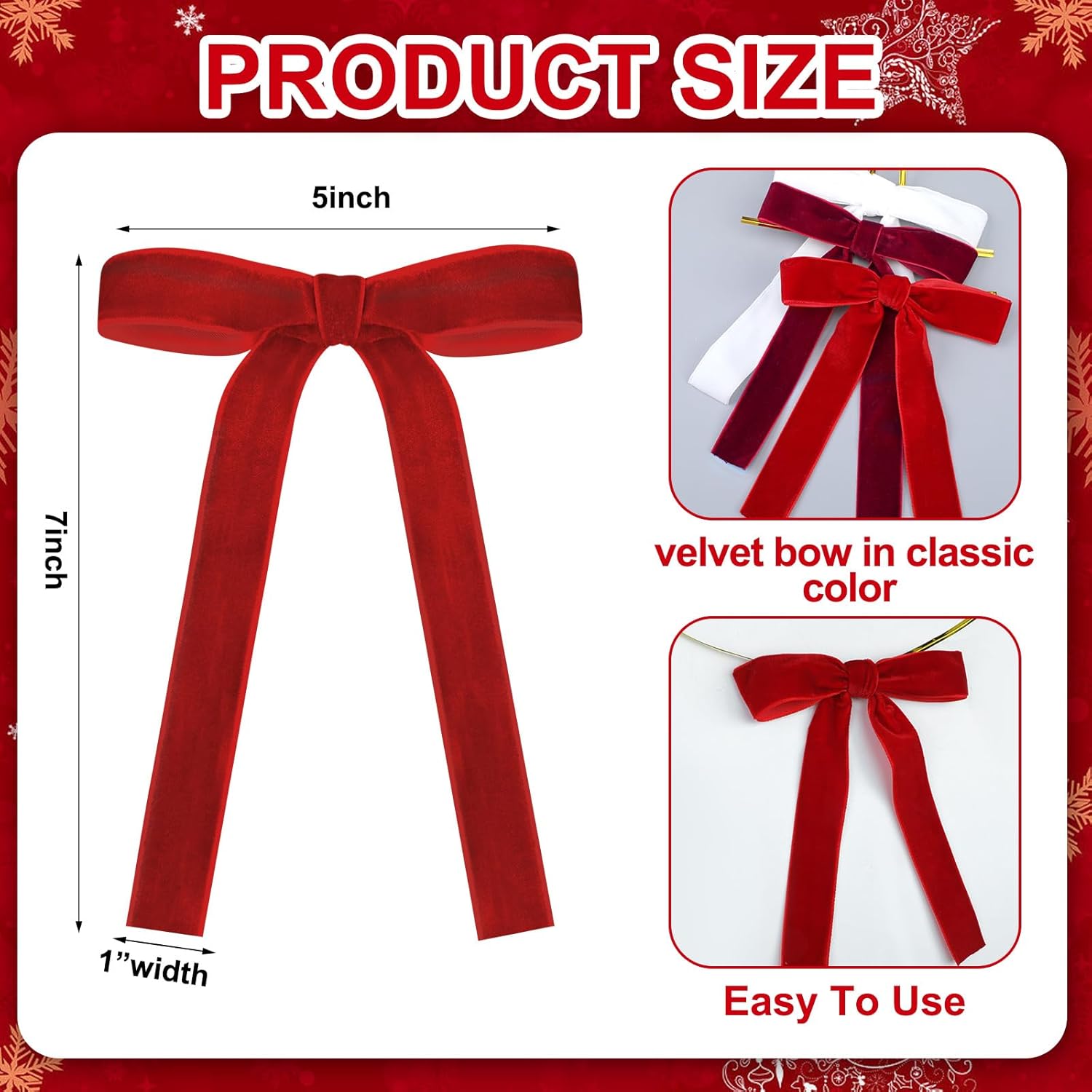 Skiennix 24 Pcs Velvet Bows - Vintage Ribbon Bows for Christmas Tree & Crafts | Red, Burgundy, White (5 x 7 Inch)