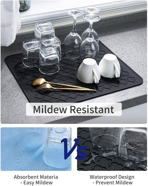 AMOAMI Dish Drying Mat - Heat Resistant Silicone Kitchen Pad | 12" x 16" - Black Color