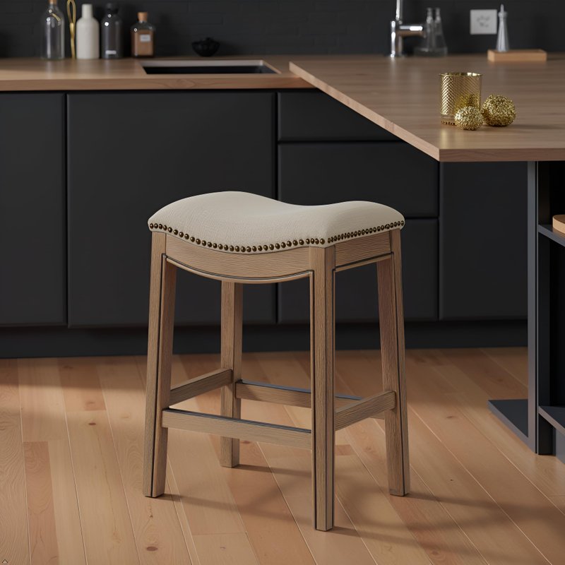 Williston Counter Height Stool – 26” Tall Backless Saddle Seat with Linen-Like Upholstery, Solid Rubberwood Frame in Natural Wire-Brush Finish, Metal Kick Plate & Footrest for Kitchen Island or Bar