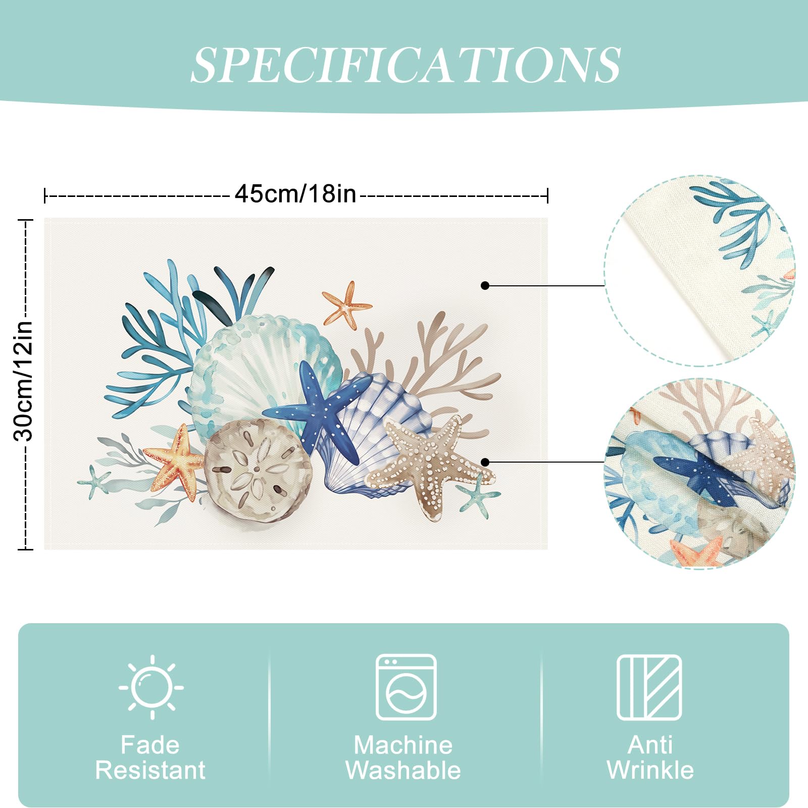 Bonhause Nautical Coastal Placemats Set of 4, 12x18 Inch Beach Starfish Seashell Ocean Coral Summer Kitchen Dining Table Mats Washable Place Mats for Indoor Outdoor Home Party Décor