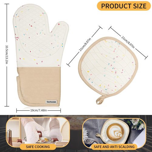 Dorkuova Oven Glove Cute,Cooking Mittens,Oven Mittens for Kitchen,Oven Gloves for Kitchen,Washable Silicone Oven Mitts Heat Resistant 500°F, Potholders for Kitchens Cooking Baking(Cream