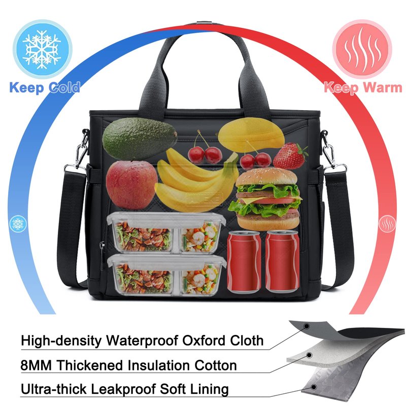AIJIEKE Insulated Lunch Bag for Men Women, Lunch Box, Lunch Tote for Work, Large Leak Proof Cooler Bag with Removable Strap, Reusable Adult Lunchbag, Picnic, Office, Beach, Black