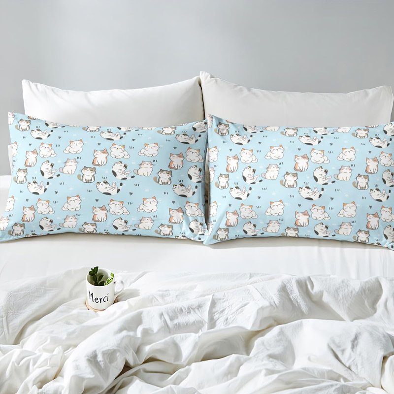 Erosebridal Cat Sheet Sets King, Kawaii Garfield Persian Cat Flat Sheet for Kids Boys Girls, Paw Print Love Heart Bed Sheets, Cartoon Animals Soft Fitted Sheet 4 Pieces, Blue