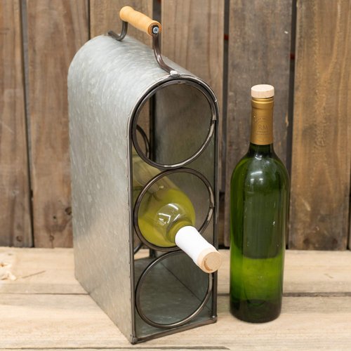 Drew DeRose Three Bottle Galvanized Silver Tone 14 x 4 Metal Tabletop Wine Holder Rack