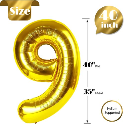 Gold 9 Balloon | 40-Inch Giant Number Balloon for 9th, 19th, 29th, 90th Birthday Celebrations