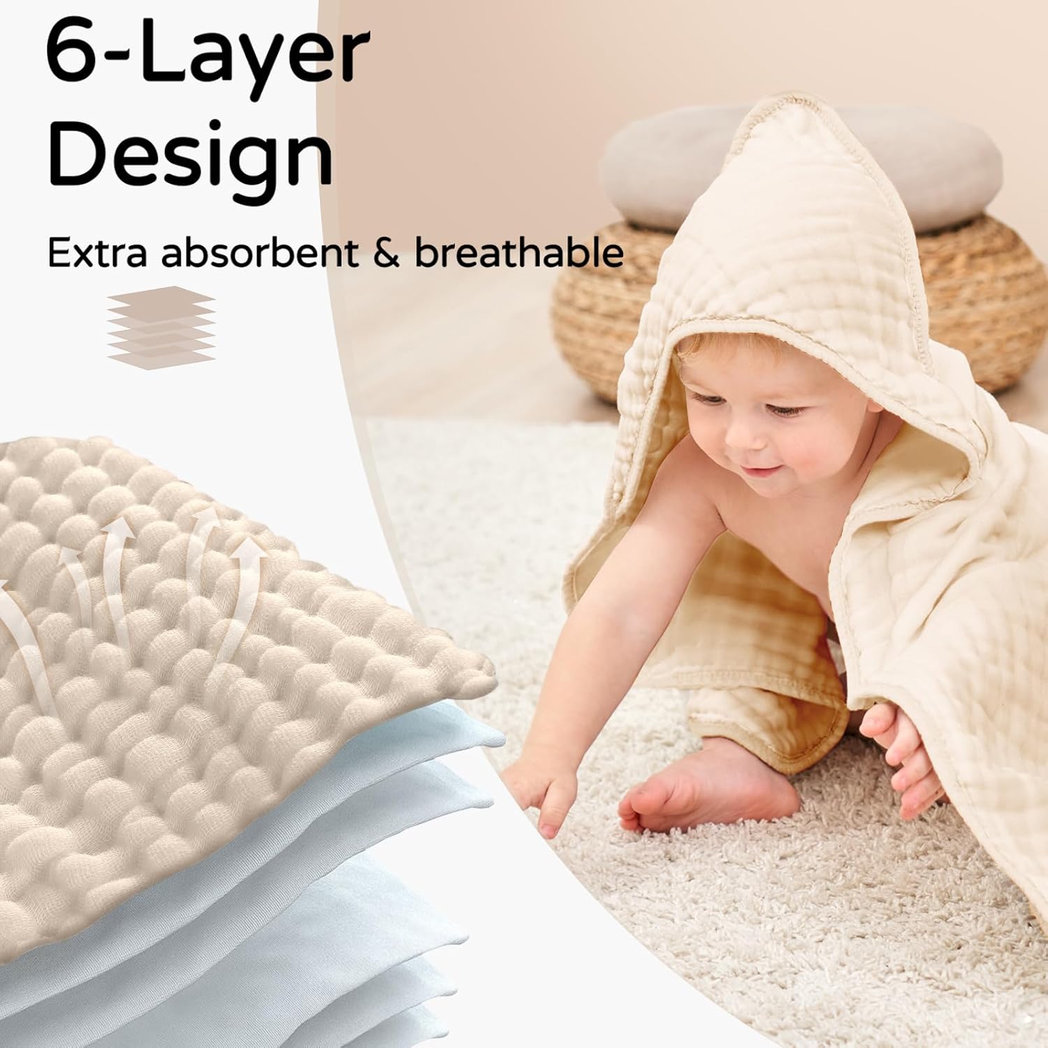 Yoofoss Hooded Baby Towels - 100% Muslin Organic Cotton, Soft & Absorbent | 2 Pack, 32x32 Inch, Apricot & Green