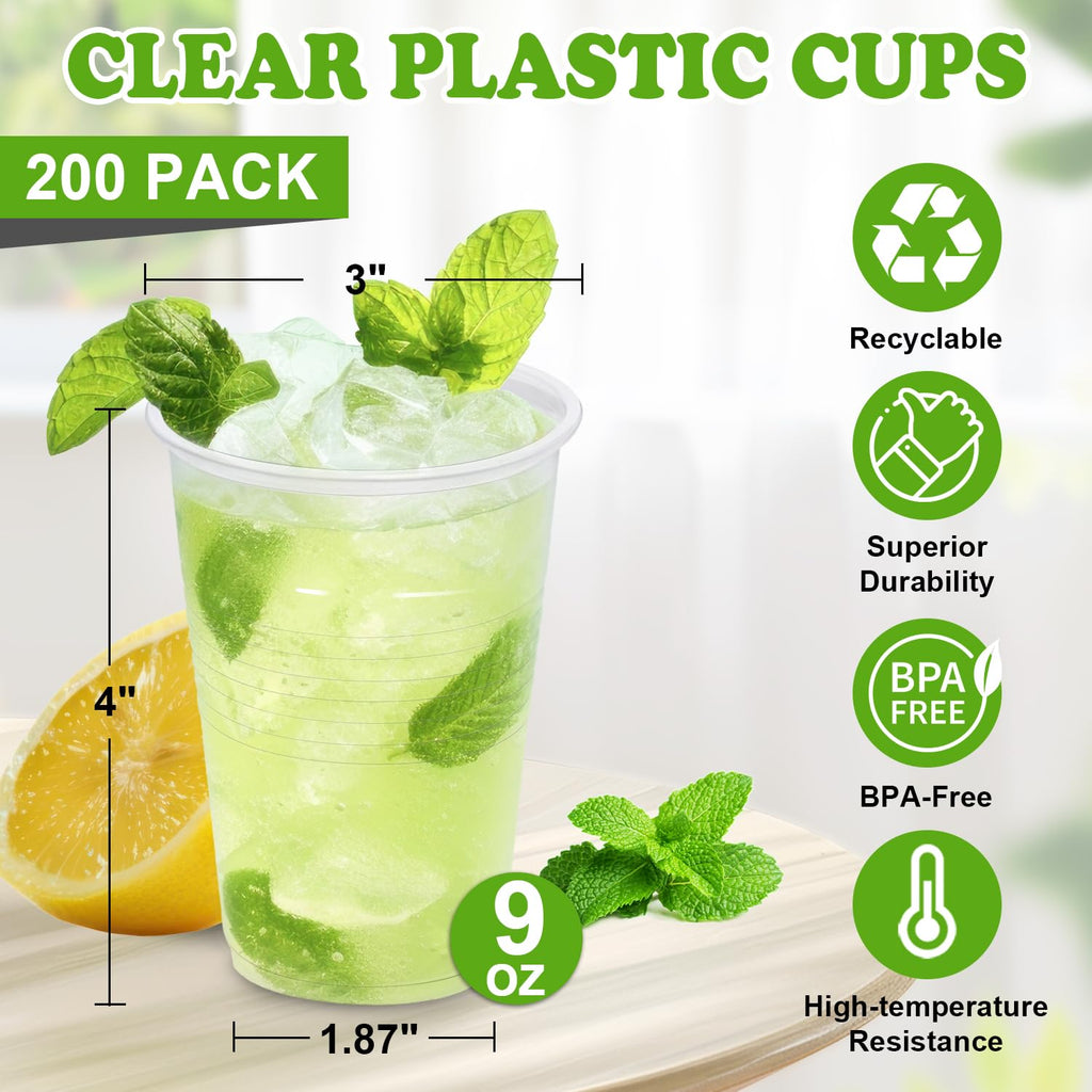 Huifany 200 Pack 9 oz Plastic Cups, Clear Plastic Cups Disposable, Clear Cup Cold/Hot Drinking Cup for Party, Wedding, Graduation, Travel, Holiday, Events, Birthday