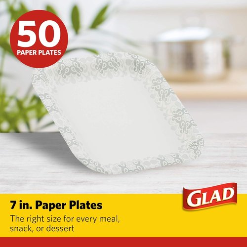 Glad Heavy Duty Paper Plates - Soak Proof & Cut Proof for Parties | 7 Inch, Grey Victorian Pattern, 50 Count