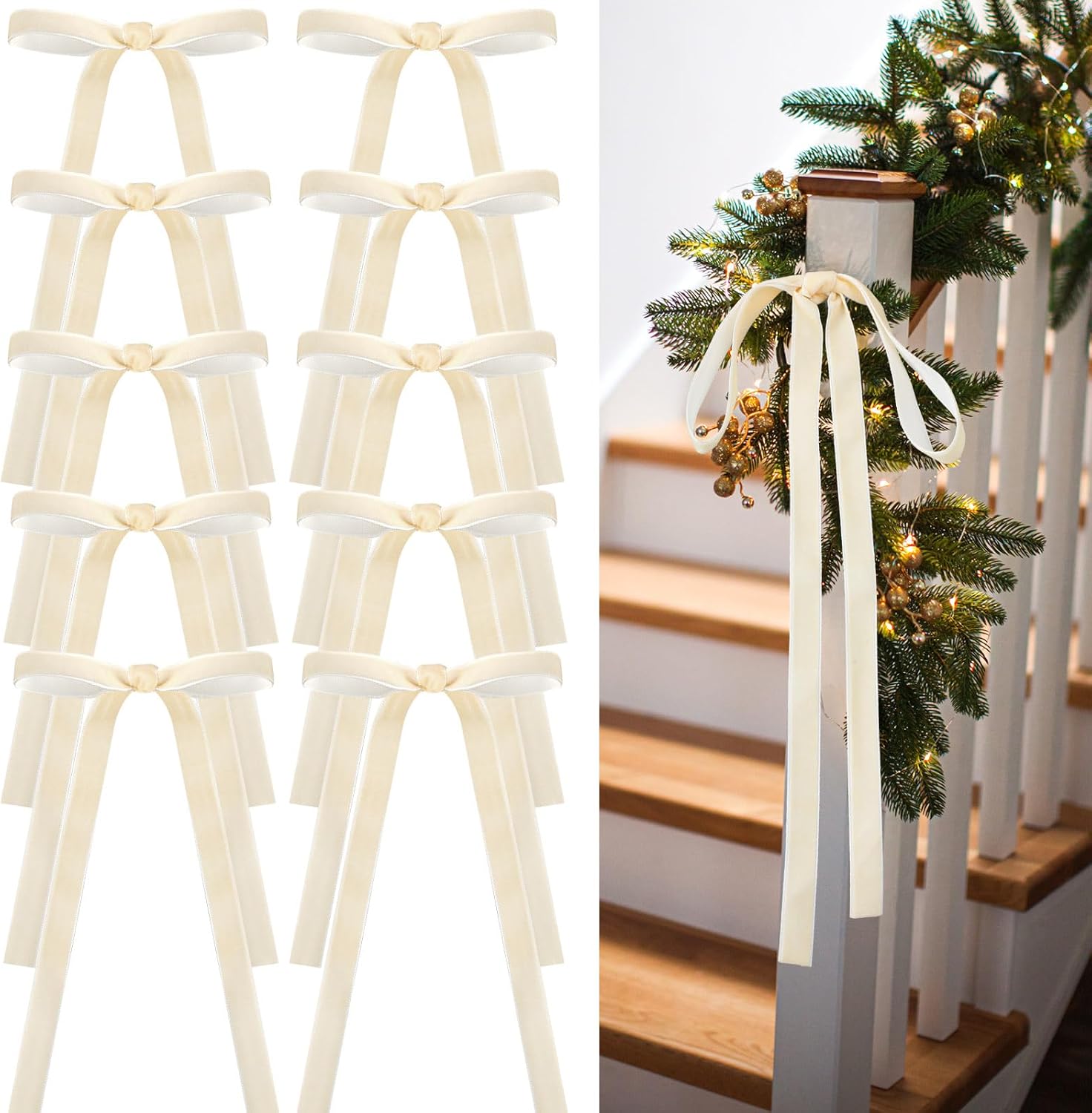 Velvet Bows | 24 Pcs Beige Christmas Tree Ornaments - Perfect for Garland & Wedding Decor (9 x 13 Inch)